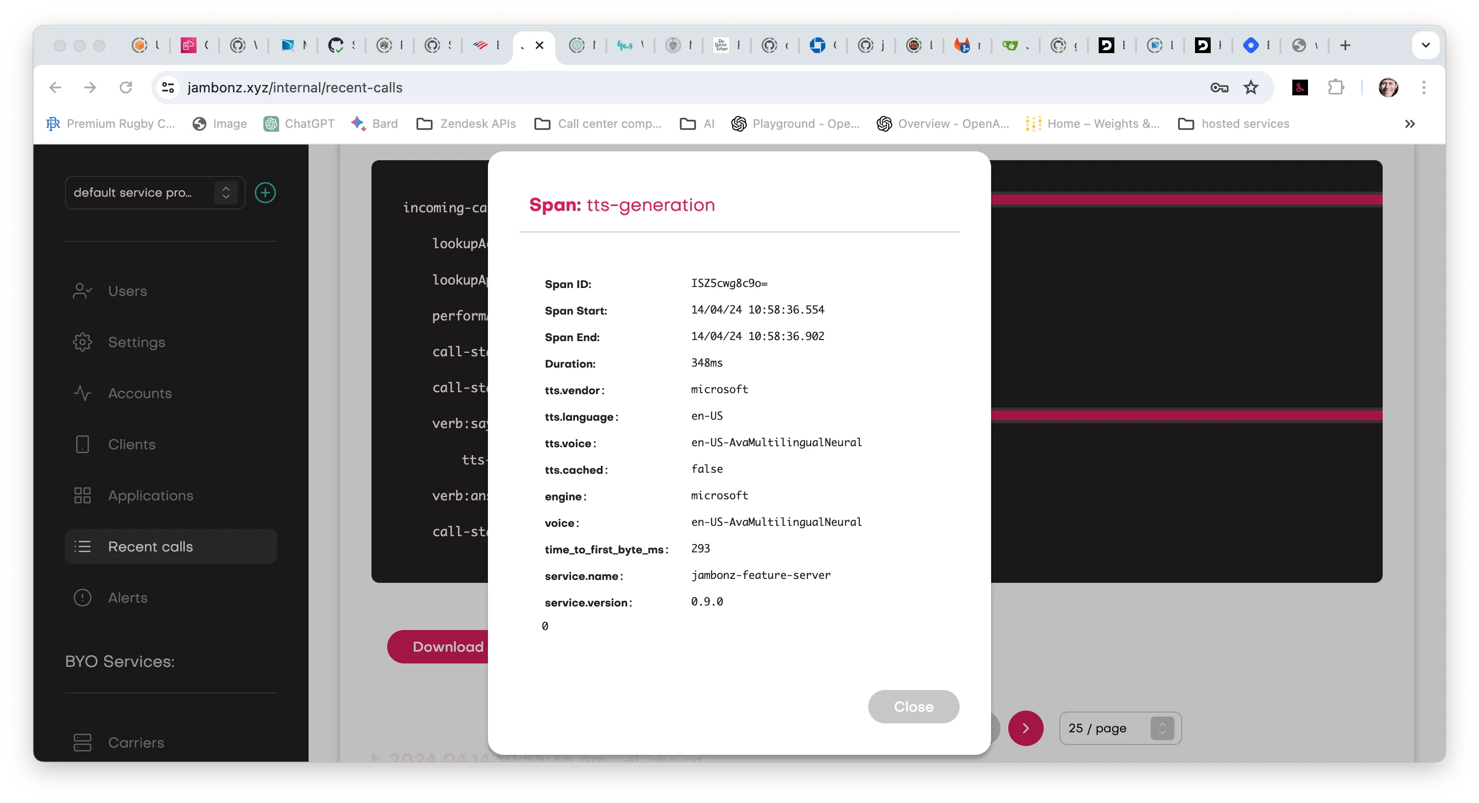 jambonz observability dashboard showing TTS time-to-first-byte telemetry